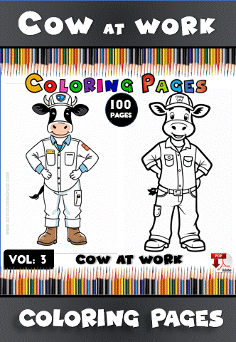 A cartoon cow in a work uniform, standing confidently alongside a blank coloring page, labeled "Coloring Pages" at the top.