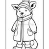 A cartoonish animal character, resembling a dog, wearing a winter coat, a scarf, and a knitted hat with a pom-pom on top. The character has a cheerful expression and is depicted in a coloring page format.