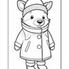 A cute cartoon bear character wearing a winter coat, scarf, and hat with ears, standing in a coloring book outline style.