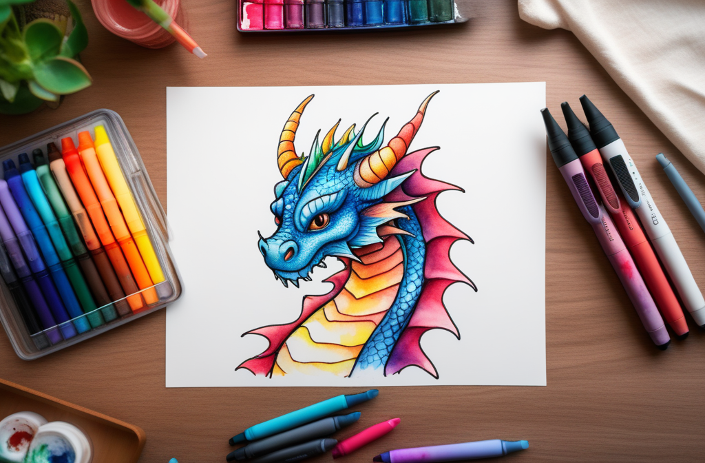 A vibrant, artistic drawing of a dragon, showcasing detailed scales in blue and red hues, with prominent yellow and orange horns against a white background. Surrounding the drawing are various art supplies including colored markers, crayons, and a small pot plant.