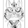 A stylized black and white illustration of a cat featuring geometric patterns, including various shapes and lines on its face and body, with large expressive eyes and prominent whiskers.