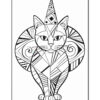A stylized black and white illustration of a cat with geometric patterns, adorned with a party hat and surrounded by circular designs.