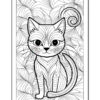 A line art illustration of a stylized cat sitting amidst swirling leaf patterns, featuring large eyes and detailed fur patterns, ready for coloring.