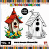Coloring page featuring two birdhouses surrounded by flowers, promoting artcoloringpage.com with 100 cozy coloring book pages.