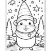A cute cartoon hamster wearing a striped hat and a scarf, standing in front of a winter landscape with trees and stars in the background. The image is in black and white, designed for coloring.