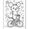 A cartoon mouse riding a bicycle, smiling and surrounded by various stars in a whimsical, lined drawing style.