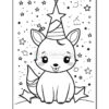 A cute cartoon-style fox sitting down with a playful expression, wearing a party hat adorned with stars, surrounded by a whimsical background of stars and planets.