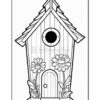 A simple line drawing of a birdhouse with a circular entrance, a sloped roof, and decorative flowers on either side of the door.