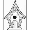 A decorative birdhouse illustration featuring a steeply pitched roof adorned with floral designs, a circular entrance hole, and a wooden door with a small handle, surrounded by stylized tulip motifs along the sides.