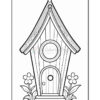 A black and white illustration of a whimsical birdhouse with a rounded door, circular window, and decorative roof. It is surrounded by two simple flowers and leaves at the base, set against a plain background, designed for coloring.