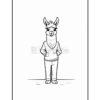 A cartoon-style llama standing upright, wearing a hoodie and pants, with its hands in its pockets. The llama has a playful expression and is depicted in a simple black and white outline, suitable for coloring.