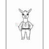 A cartoon llama standing upright, wearing a button-up shirt with a tie, suspenders, and jeans, with a friendly expression and a tuft of hair on its head.