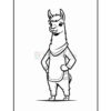 A cartoon llama character standing confidently with its hands on its hips, wearing an outfit that includes a scarf and pants with pockets, depicted in a black and white outline style for coloring.