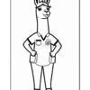 A cartoon llama standing upright with hands on hips, wearing a collared shirt with pockets, and displaying a confident expression. The illustration is black and white, suitable for coloring.