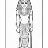 A black and white outline drawing of an ancient Egyptian Pharaoh standing upright, wearing a traditional headdress, and decorated clothing, holding a staff in one hand and having distinctive features like a regal expression and intricate patterns on the garment.
