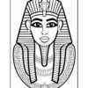 A black and white outline illustration of an ancient Egyptian queen, featuring a detailed headdress, large earrings, and an ornate necklace with intricate patterns.