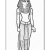 A black and white illustration of an ancient Egyptian figure, wearing traditional headdress and attire, standing upright with a sword in one hand, featuring intricate detailing on the clothing.
