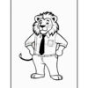 A cartoon lion character dressed in a collared shirt, tie, and pants, standing confidently with one hand on his hip and a friendly expression.