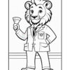 A cartoon lion wearing a suit and tie, holding a fan, and standing with a confident posture in front of a simple background.