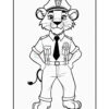 A cartoon lion dressed as a police officer, wearing a cap, a shirt with a badge, a tie, and pants, standing with its hands on its hips in a confident pose against a plain background.