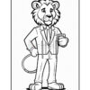 A cartoon lion dressed in a formal suit, holding a smartphone in one hand and a leash in the other, standing confidently with a friendly expression.