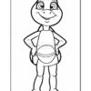 A cartoon turtle character standing with hands on hips, smiling confidently. The turtle has large expressive eyes and is wearing a simple outfit with a round shell visible on its back.