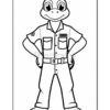 A cartoon turtle character standing confidently with hands on hips, wearing a button-up shirt and pants, featuring pockets and a belt.
