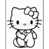 A black and white line drawing of a cartoon cat with a bow on its head, sitting and holding a small object, designed for coloring.