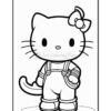 A cartoon character resembling a cat, standing upright, wearing overalls and a bow on its head, depicted in black and white line art style for coloring.