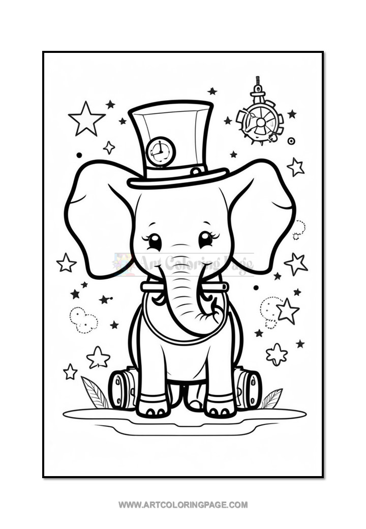 A cartoon-style elephant wearing a top hat with a clock, standing on wheels, surrounded by stars and whimsical elements, designed for coloring.