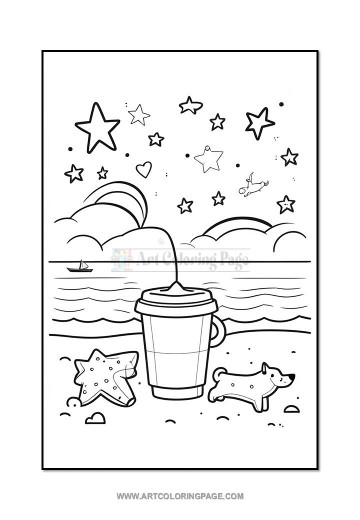 A line drawing of a beach scene featuring a drink cup with a straw, a small dog, and two starfish on the sand. The backdrop includes ocean waves and clouds, with stars and hearts scattered in the sky and a boat in the distance.