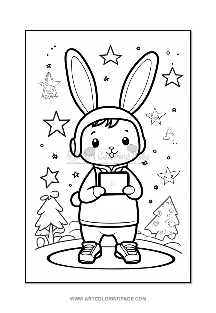 A cute cartoon child wearing a bunny hoodie, holding a device, surrounded by stars and whimsical trees in a coloring page style.