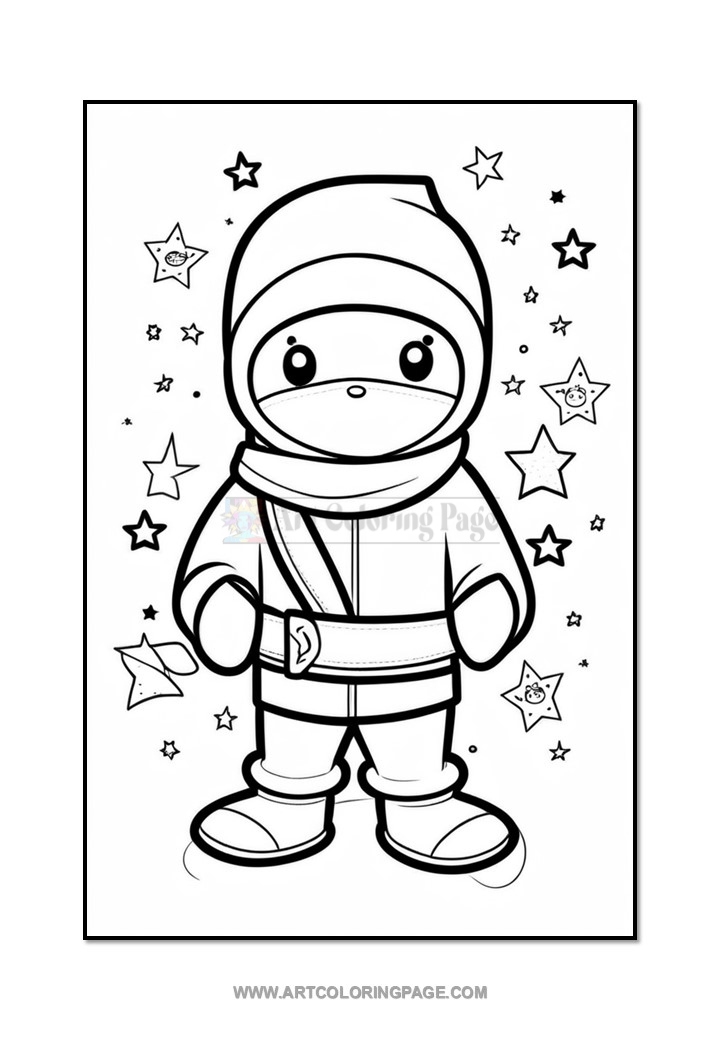 A cute cartoon ninja standing in a starry background, wearing a hood and scarf, with large expressive eyes and a simple outfit, outlined for coloring.