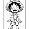 A black and white illustration of a young boy with short black hair and a wide smile, wearing a straw hat, a casual jacket, and shorts, standing with arms outstretched in a cheerful pose.