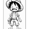 A smiling cartoon boy wearing a straw hat, a short-sleeved shirt, and shorts. He has spiky hair and is standing with his hands on his hips, exuding a cheerful demeanor.