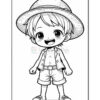 A cartoon-style drawing of a young boy with short, spiky hair, wearing a large floppy hat, an open shirt, and shorts. He has a big smile and is standing with his hands on his hips, showcasing a cheerful expression.