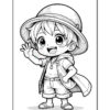 A cheerful, cartoonish young boy with spiky hair, wearing a wide-brimmed hat and a vest, stands with one hand raised in a wave. He has a playful expression and is dressed in shorts and sandals, set against a simple background.