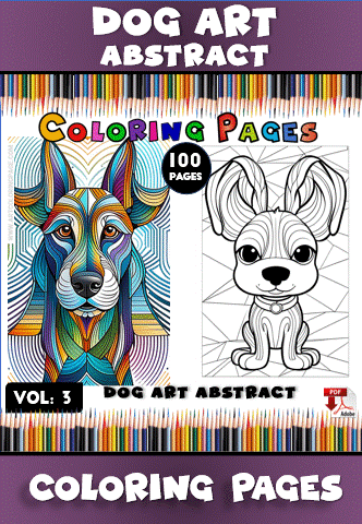 Coloring pages featuring abstract dog art designs from a coloring book, showcasing vibrant patterns and outlines for coloring.