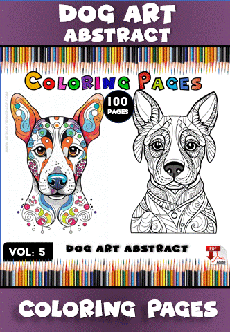 Coloring pages featuring abstract dog art designs from a coloring book, showcasing intricate patterns and vibrant colors. Visit artcoloringpage.com for more.