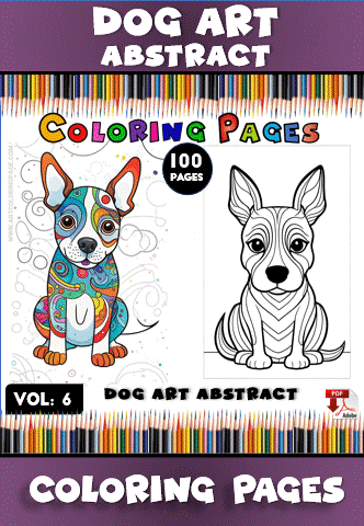 Coloring pages featuring vibrant dog art and abstract designs, part of a 100-page coloring book from artcoloringpage.com.