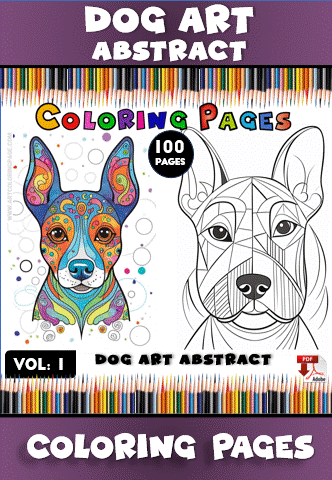 Abstract dog art coloring pages featuring a colorful illustration and a geometric line drawing, part of a 100-page coloring book from artcoloringpage.com.