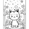A cute cartoon cat sitting in a forest clearing surrounded by plants, with stars and a moon in the sky above.