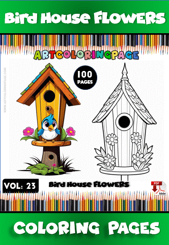 A bright illustration of a birdhouse surrounded by flowers, labeled "Bird House Flowers," featured in a cozy coloring book with 100 pages from artcoloringpage.com.