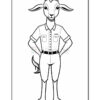 A cartoon goat character standing upright, wearing a short-sleeved button-up shirt and pants, with arms crossed confidently. The goat has prominent horns and a friendly expression, set against a simple outline for coloring.