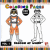 Coloring page featuring a falcon in two styles: a colored version in an orange jumpsuit and a black and white version for coloring, promoting artcoloringpage.com with cozy coloring pages.
