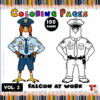 Falcon in police uniform featured on a coloring page, promoting cozy coloring book from artcoloringpage.com, with 100 pages available.