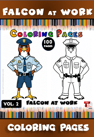 Falcon in police uniform featured on a coloring page, promoting cozy coloring book from artcoloringpage.com, with 100 pages available.