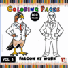 Falcon in a suit, standing confidently, next to its outline version for coloring; from the cozy coloring book series on artcoloringpage.com.