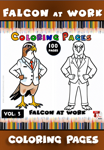 Falcon in a suit, standing confidently, next to its outline version for coloring; from the cozy coloring book series on artcoloringpage.com.