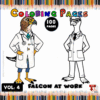 Two falcons dressed as doctors in lab coats on a coloring page, labeled 